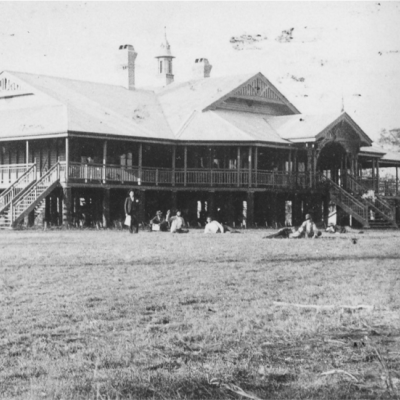 Historic black and white image of Gatton main building 